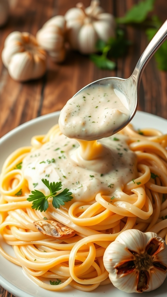 Creamy garlic sauce over fettuccine pasta, garnished with parsley on a wooden table.